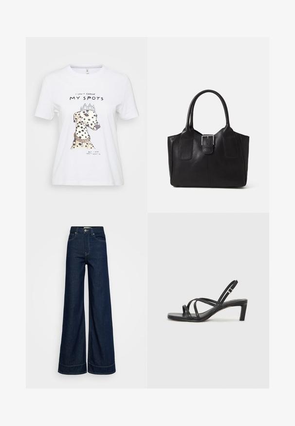 White cotton t-shirt featuring an illustrated dog with black spots, wearing a crown and necklace. Text reads: "I can't change my spots."; Dark blue high-waist wide-leg jeans with front pockets, belt loops, button closure, and visible stitching on a white background.; Black strappy sandal with a square toe and a low block heel. Features multiple thin straps and an adjustable ankle strap. Made of smooth leather.; Black leather tote bag with smooth texture, structured shape, two handles, and a prominent silver buckle detail on the front.