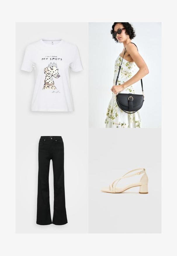 Vit bomull t-shirt med en illustrerad hund med svarta fläckar, som bär en krona och halsband. Texten lyder: "Jag kan inte förändra mina fläckar."; Svarta utsvängda jeans i denim, med hög midja, fem fickor och metallknappstängning. Slät textur med minimal detaljering.; Beige klacksandaler med blockklack, remdesign och justerbart ankelsnöre, tillverkade av slätt syntetmaterial med matt yta.; Svart läderhandväska med en böjd form, avtagbar rem och guldiga detaljer. Väskan har ett lock med en spänndetalj.