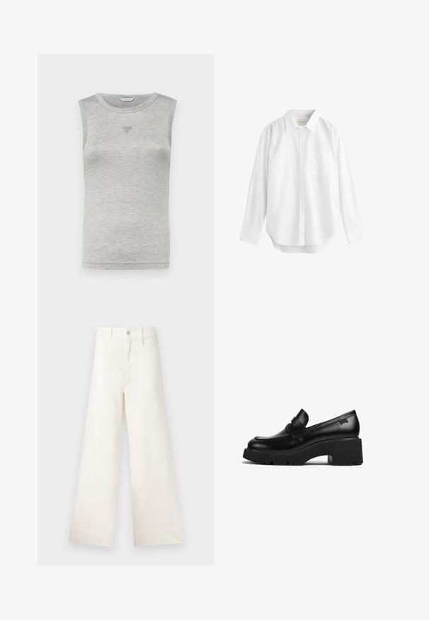 Sivý bezrúškový top z jemnej bavlnenej zmesi, s okrúhlym výstrihom a malým textúrovaným trojuholníkovým akcentom na prednej strane.; Biela košeľa s dlhým rukávom vyrobená z bavlny, so zapínaním na gombíky, prednou vreckom a zakriveným lemom. Hladká textúra a klasický dizajn.; Široké nohavice z ľahkej béžovej bavlny. Majú vysoký pás, predné vrecká a rovný strih. Čisté ukončenie bez vzorov.; Čierne kožené mokasíny s hrubým podpätkom a hrubou podrážkou, so strapcom na vrchu, zobrazené z boku na bielom pozadí.