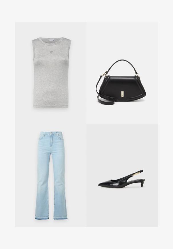Szürke ujjatlan felső puha pamut keverékből, lekerekített nyakkivágással és egy kis, texturált háromszög díszítéssel az elején.; Világoskék, trapéz fazonú farmernadrág, magas derékkal, elülső zsebekkel és nyers szegéllyel a szárakon, amely laza megjelenést kölcsönöz.; Fekete bőr slingback magassarkúk, hegyes orral, vékony sarkakkal és arany színű részlettel a állítható pánton. Simа felület.; Fekete bőr kézitáska, strukturált dizájnnal, rövidített formával, felső fogantyúval és arany színű kiegészítőkkel. Állítható vállpánt is tartozik hozzá.
