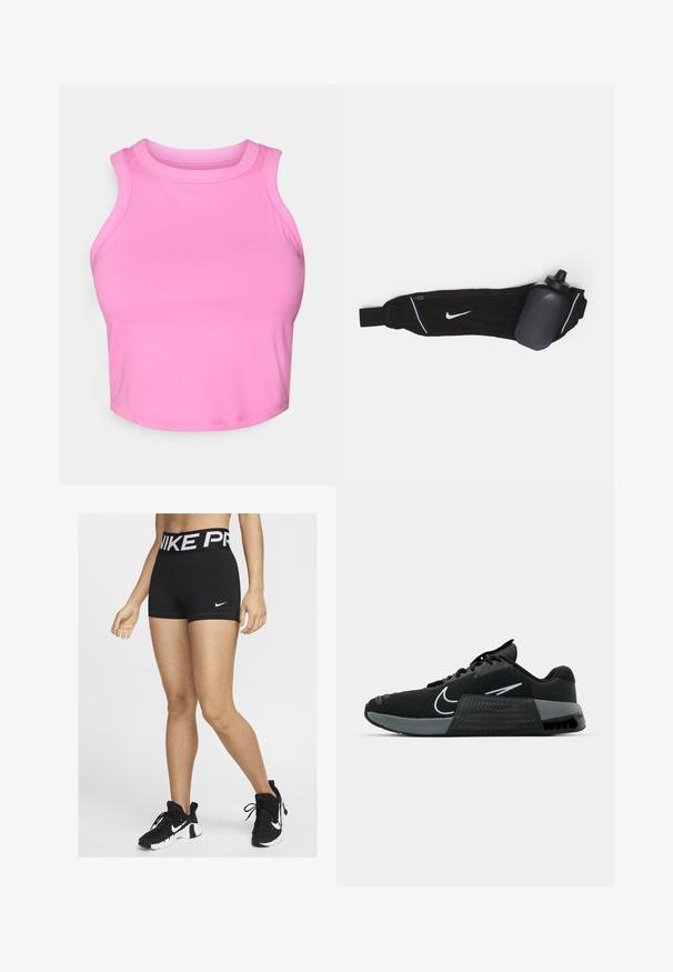 Roosa lühike topp kõrge kaelusega ja ilma varrukateta disain. Valmistatud siledast, venivast kangast, ilma nähtavate mustrite või riistadega.; Mustad mustad lühikesed spordipüksid, millelaius on laiem vöökoht, millel on valge kiri "NIKE PRO". Küljel on nähtav väike valge Nike'i sirmus logo.; Musthave mustus, millekkat ja hallid elemendid, tekstuuriga vahesein. Silmapaistev logo ja paelaga disain. Kummist välispind haardeks.; Mustmust vöö musta veepudeli hoidjaga, millel on reguleeritav rihm, esipinnal valge Nike logo, hall veepudeli hoidja ja valged aktsentõmblused.