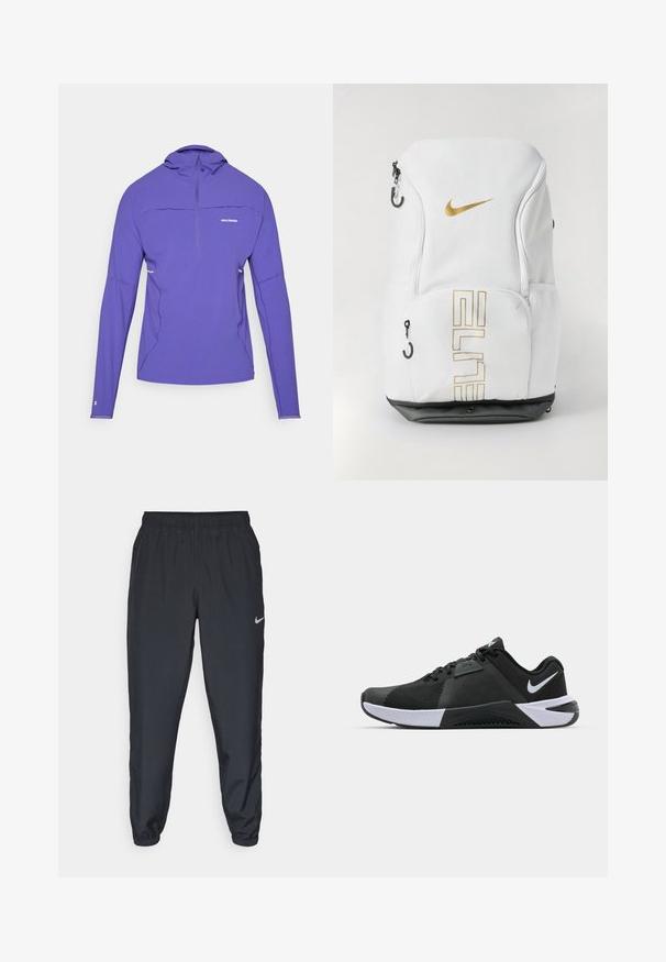 Violet ilgas rankovė puloveris su pusiau užtrauktuku, pagamintas iš lengvos medžiagos, su plokščiais siūlais ir atspindinčiais akcentais.; Juodos sportinės kelnės iš lengvos medžiagos su elastinga juosta, kulkšnies rankovėmis ir diskretišku Nike logotipu kairėje pusėje.; Nike Performance METCON 10 - Avalynė treniruotėms - black/white/anthracite; Balta Nike kuprinė su auksiniu logotipu ir „ELITE“ tekstu, užtrauktukais, tinklinėmis šoninėmis kišenėmis ir juodu dugnu. Lygi tekstūra.