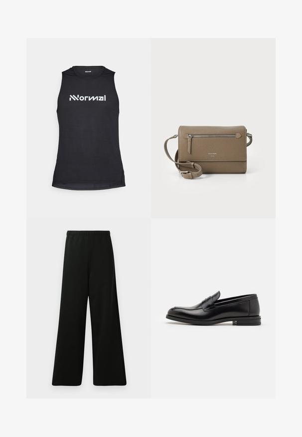 Crna bezrukavna atletska majica s teksturiranim materijalom, s bijelim logotipom istaknutim sprijeda.; Crne široke hlače od mekog materijala. Imaju elastičnu gumicu u struku, glatku teksturu i jednostavan, moderan dizajn bez uzoraka.; Crni kožni mokasini s glatkom teksturom, zaobljenim prstima i ukrasnom trakom preko prednjeg dijela. Niski slojeviti potplat, minimalistički dizajn.; Taupe kožna crossbody torba s prednjim džepom na zatvarač, podesivim remenom, reljefnom teksturom i urezanim logotipom sprijeda.