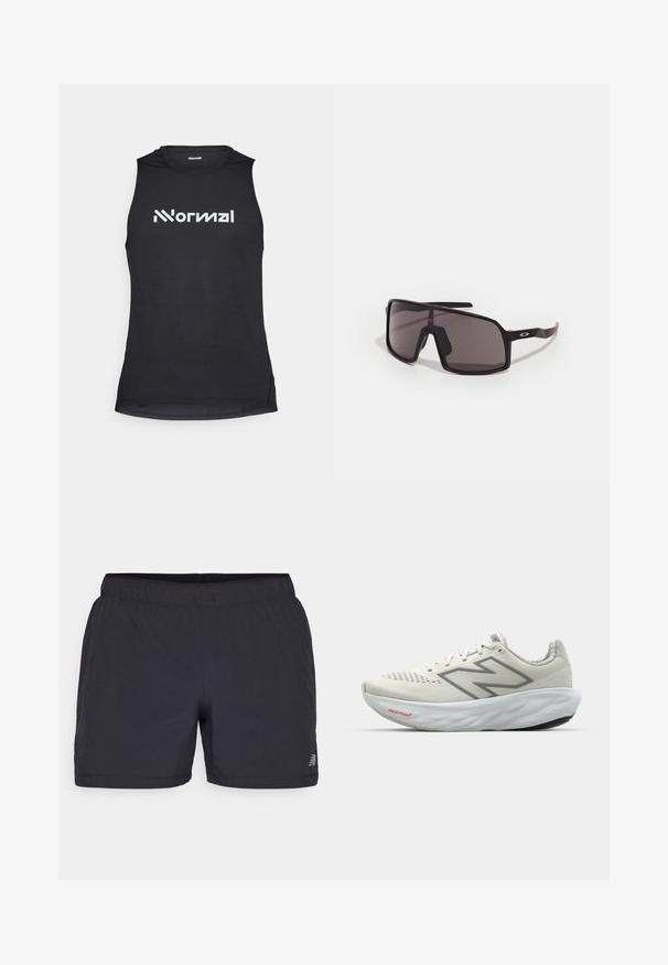 Čierny bezrukávový športový top s textúrovanou tkaninou, na prednej strane obsahujúci výrazné biele logo.; Čierne atletické šortky s elastickým pásom, z ľahkej látky a diskrétnym logom na dolnej ľavej strane. Hladká textúra.; Biele bežecké topánky so sivými akcentmi. Sieťovaná horná časť, textúrovaná podrážka a výrazné logo "N". Obsahujú vypchatý golier a označenie "Fresh Foam".; Čierne obdĺžnikové slnečné okuliare s tmavými šošovkami, širokým rámom a štíhlymi čiernymi stranami. Obsahujú logo na spánkoch. Hladký povrch.