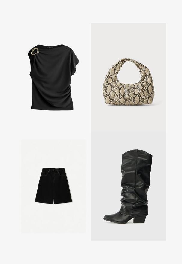 Black blouse made from smooth fabric, featuring draped design, short sleeves, and a unique gold hardware accent at the shoulder.; Black denim shorts with a loose fit, featuring five pockets, yellow stitching accents, and a mid-rise waist design.; Black leather knee-high boots with a slouched design, pointed toe, and a chunky heel, featuring smooth texture and minimal stitching.; Snake-print handbag with a curved handle. Made from textured, beige and brown materials, featuring a distinctive diamond pattern.