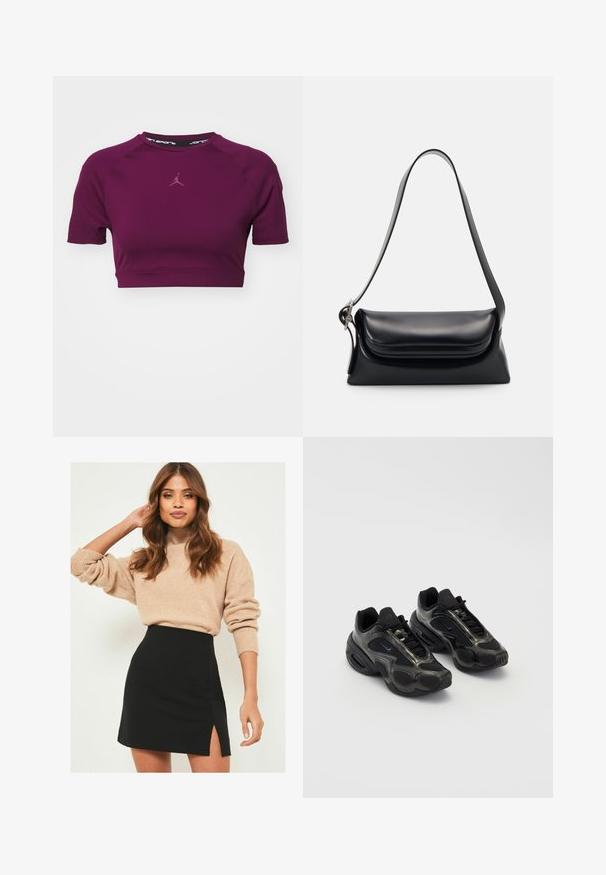 Lühikeste varrukate ja lühikese lõikega sportlik topp, mis on valmistatud tumepunase materjali kasutades, väikese heledate violetsest logoga rinnal ja musta siseoehliga.; Beežist kudumistükk, millel on ribitud varrukad, on kombineeritud musta mini seeliku ja külglohkuga. Riietus omab vabalt voolavat, kuid samas figuuri rõhutavat siluetti.; Mustad musta värvi spordijalatsid sünteetilisest materjalist, võrgusilmaga detailidega ja ümarate taldadega. Omab paeltesüsteemi ja väljapaistvat Nike logo keelel.; Mustriga musta nahast käekott, millel on struktuurne kuju, sile tekstuur ja üks õlarihm. Omab peent, ümarat klappi.; Hõbedane Casio kvarts kell, millel on ristkülikuline nägu, analoog- ja digitablood, roostevabast terasest rihm ning veekindlad omadused.