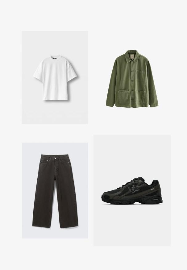 Balts kokvilnas T-krekls ar īsām piedurknēm, apaļu kakla izgriezumu un brīvu piegriezumu. Gluda tekstūra, bez rakstiem vai akcentiem.; Olive zaļa jaku no kokvilnas ar pogu priekšpusi, uzsistām apkaklēm un četriem kabatām. Iespējo relaksētu piegriezumu un mīkstu tekstūru.; Plati melni džinsi ar augstu jostas daļu, piecu kabatu dizainu un pogu aizdari. Audums ir mīksts un ar teksturētu apdari.; Melnas sporta kurpes ar teksturētu sintētisko virsu, ar mīkstinātu zoli un izteiktu "N" logotipu sānos. Dizains ietver vieglo sieta sekcijas.