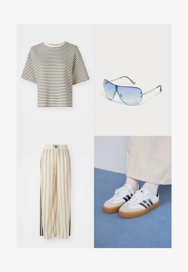 Gestreiftes, kurzes T-Shirt mit kurzen Ärmeln. Farbe: elfenbeinfarbener Grundton mit dünnen schwarzen horizontalen Streifen. Material scheint weich und mit glatter Textur zu sein.; Cremfarbene, weit geschnittene Hosen mit einem Zickzackmuster, ausgestattet mit einem schwarzen Logo-Bund und seitlichen schwarzen Streifen. Leichter, strukturierter Stoff.; Weiße Sneaker mit schwarzen Streifen und beigen Wildlederakzenten. Besitzen eine strukturierte Gummisohle und flache weiße Schnürsenkel, getragen mit hellen Socken.; Flugzeugbrille mit einem verlaufenden blauen Glase, silbernem Metallrahmen und dekorativen Sternelementen auf dem Glas. Glattes und elegantes Design.