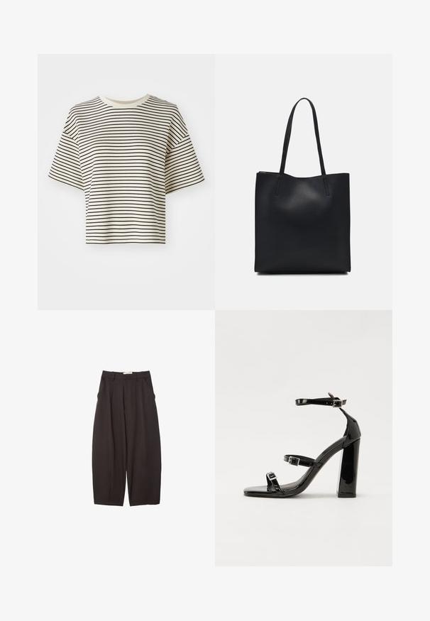 Stribet cropped t-shirt med korte ærmer. Farve: off-white bund med tynde sorte vandrette striber. Materialet ser blødt ud, med en glat tekstur.; Sorte brede bukser lavet af et glat stof, med høj talje, forfaldne folder og sidelommer. Simpelt design uden udsmykninger.; Sorte patenterede hælsandaler med firkantet tå, ankelremme og sølvspænder. Har en chunky blokHæl for stabilitet.; Sort læder tote taske med glat tekstur, rektangulær form og to lange hanke. Ingen synlig hardware eller udsmykninger.
