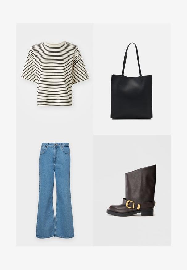 Dryžuotas trumpas marškinėliai su trumpomis rankovėmis. Spalva: kreminė bazė su plonomis juodomis horizontaliomis juostelėmis. Medžiaga atrodo minkšta, lygi tekstūra.; Šviesiai mėlynos flared džinsai, pagaminti iš džinsinio audinio, su aukštu liemeniu, penkiomis kišenėmis ir vienu mygtuko užsegimu. Minkštas paviršius su išblukusiu efektu.; Tamsiai rudas odinis botas iki blauzdos su juodu batu, mažai kulno ir dekoratyvia juoda sagtimi aplink kulkšnį, parodytas iš šono.; Juodas odinis tote krepšys su lygia tekstūra, stačiakampio formos ir dviem ilgais rankenomis. Matomų metalinių detalių ar puošybos nėra.