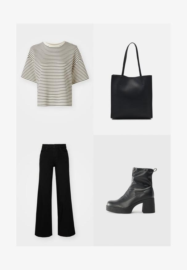 Stribet cropped t-shirt med korte ærmer. Farve: off-white bund med tynde sorte vandrette striber. Materialet ser blødt ud, med en glat tekstur.; Sorte bukser med bred benvidde lavet af denim, med en struktureret talje, bæltesløjfer og forlommer. Glat tekstur med et klassisk design.; Sorte ankelstøvler lavet af glat læder, med en sidelukning, kraftig struktureret hæl og rundt tådesign.; Sort læder tote taske med glat tekstur, rektangulær form og to lange hanke. Ingen synlig hardware eller udsmykninger.