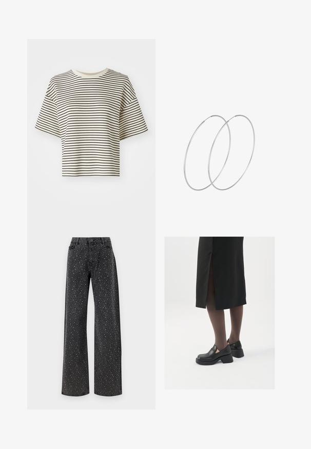 Stribet cropped t-shirt med korte ærmer. Farve: off-white bund med tynde sorte vandrette striber. Materialet ser blødt ud, med en glat tekstur.; Noisy May NMJANNEL LOOSE - Jeans Relaxed Fit - black denim; Sorte lædersko med rund tå, kraftig blokhæl og elastiske sideaccentuer, parret med mørke strømpebukser og en sort nederdel med slids.; Sølvøreringe med et minimalistisk design. Cirkulær form, glat tekstur og tynd profil. Letvægtige med en poleret overflade.