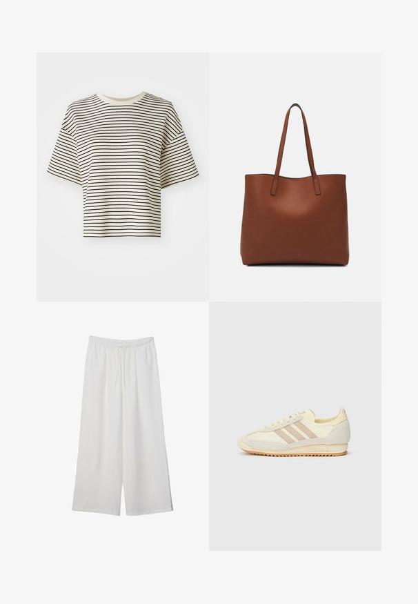 Pruhované skrátené tričko s krátkymi rukávmi. Farba: krémový základ s tenkými čiernymi horizontálnymi pruhmi. Materiál pôsobí mäkko, hladkou textúrou.; Biele široké nohavice z ľahkého materiálu s elastickým pásom a šnúrkou na nastavenie veľkosti. Hladká textúra.; Krémové športové tenisky s tromi béžovými pruhmi, z kombinácie semišu a textilného materiálu, so štruktúrovanou podrážkou a reliéfne navrhnutým logom na päte.; Hnedá kožená taška na rameno s hladkou textúrou, otvoreným vrchom a dvoma ramenými popruhmi. Má minimálne šitia a žiadne viditeľné kovania.