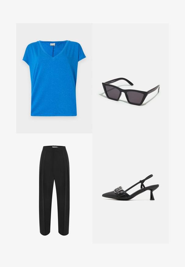 Blue V-neck t-shirt with short sleeves, made from soft, textured fabric, featuring a subtle heather pattern and a relaxed fit.; Black wide-leg trousers with a high waist, featuring a smooth texture and two front pleats. Designed with a clean, tailored shape.; Simmi London DALA - Classic heels - black; Black, angular sunglasses with gray lenses; made of plastic, featuring thick arms with a smooth surface and no visible hardware.