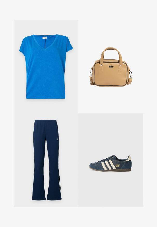Blå V-hals t-skjorte med korte ermer, laget av myk, teksturert stoff, med et subtilt melert mønster og en avslappet passform.; Marineblå ribbestrikkede vide treningsbukser med hvite side-striper og en brodert logo på venstre side, med to sidelommer.; Marineblå suede sneakers med crèmefargede striper, teksturert tåområde, gylden "adidas JAPAN"-logo og en brun gummisåle. Klassisk lavtop-Design.; Tan vegan lærveske med to håndtak, avtagbar skulderrem, svart kontrastsøm, og en liten svart logo på fronten.