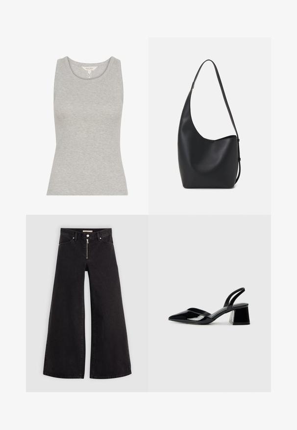 Grijze geribde tanktop met een ronde hals, aansluitende pasvorm en mouwloos ontwerp. Gemaakt van zachte stof met een gladde textuur.; Wijdvallende jeans van zwarte denim met een ritssluiting aan de voorkant, vijf zakken en subtiele stikdetails. Soepele textuur en casual stijl.; Zwarte gepatineerde leren slingback hakken met een spitse neus en een geometrische blokhak. Kenmerkt zich door een slank, minimalistisch ontwerp en een gladde textuur.; Zwarte leren hobo tas met een gladde textuur, kromme vorm en een enkele verstelbare schouderband; heeft een brede opening aan de bovenkant.