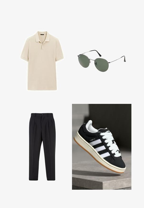 Béžové polo tričko s krátkým rukávem a klasickým límcem, s dvouknoflíkovou légou a hladkou texturou. Minimalistický design bez vzorů nebo akcentů.; Černé kalhoty s plisovaným předním designem, vyrobené z hladké tkaniny. Obsahují zapínání na knoflík a poutka na opasek; rovný střih.; adidas Originals CAMPUS 00S - Tenisky - core black/footwear white/off-white; Sluneční brýle s kovovým rámem a oválnými zelenými skly. Tenký stříbrný kovový rám a černé chrániče uší. Minimalistický design, žádné viditelné logo.