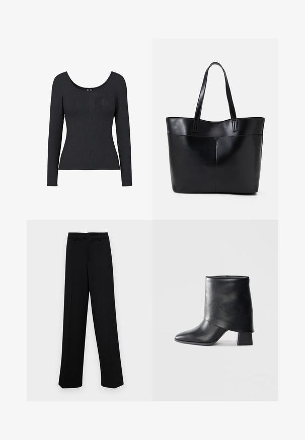Black ribbed long-sleeve top with a scoop neckline. Material is soft and stretchy, featuring vertical rib texture throughout.; Black wide-leg trousers made of smooth fabric, featuring a classic waistband with a button closure and front pleats.; Black leather ankle boot with a pointed toe, smooth texture, and a structured block heel. Features a high, folded cuff design.; Black leather tote bag with two long handles, a smooth texture, and a structured shape. Features a front pocket for additional storage.
