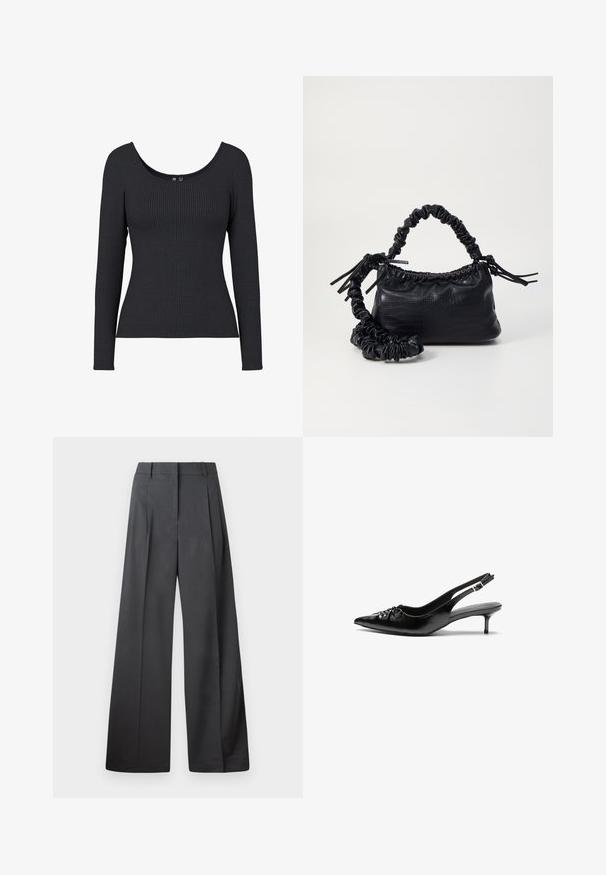 Fekete bordázott, hosszú ujjú felső, mély kivágással. Az anyag puha és rugalmas, az egész felszínen függőleges bordázott textúrával.; Széles szárú nadrág sötétszürke anyagból, magas derekú, egyes redőkkel, sima textúrával és tiszta befejezéssel a szegélyeken.; Fekete bőrből készült slingback magassarkú cipők hegyes orral, kis francia sarokkal és díszes csomóval az elején. Az egész felületen sima textúra.; Fekete műbőr kézi táska krokodil bőr textúrával, összehúzható tetejű és gyűrt pánttal. Lágy és kompakt dizájnúnak tűnik.