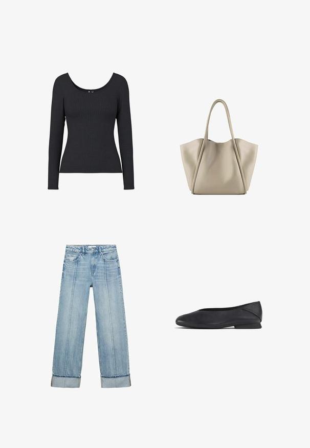 Black ribbed long-sleeve top with a scoop neckline. Material is soft and stretchy, featuring vertical rib texture throughout.; Light blue denim wide-leg jeans with a high waist, featuring five pockets, visible stitching, and turned-up hems at the cuffs.; Black leather flat shoe with rounded toe and low heel, designed for casual or formal wear.; Beige leather tote bag with a spacious, structured design. Features two long handles and subtle stitching details; no visible hardware.
