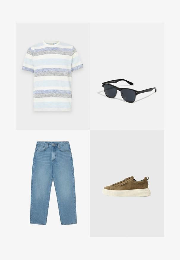 Gestreept t-shirt met blauwe, grijze en witte kleuren, korte mouwen, ronde hals en een zachte, textuurstof.; Lichtblauwe denim wijde jeans met een hoge taille, voorzien van vijf zakken, riemlusjes en een zachte, licht vervaagde textuur.; Antony Morato HOPPER WITH 3D CORDON MOTIF - Sneakers laag - nut; Zwarte zonnebril met een rechthoekige vorm, donkere lenzen, zilveren accenten bij de slapen en een matte afwerking op het montuur.