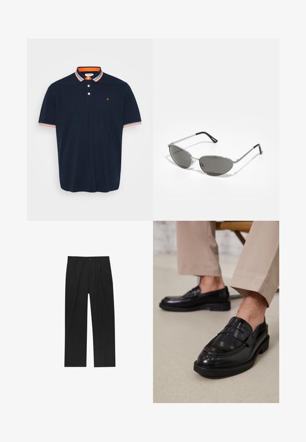 Mornarica poliester srajca iz bombaža z ovratnikom, ki ima oranžne in sive črte, tri gumbne zanke in majhen vezen logotip na prsih.; Črne hlače z ravnim krojem, narejene iz gladkega materiala. Imajo sprednje gube in enojno zaponko na pasu.; Črne usnjene loafer čevlje z gladko površino, ki imajo okrasno zaponko in kontrastno šivanje, v kombinaciji s bež hlačami.; Sončna očala z elegantnim srebrnim kovinskim okvirjem, sivi zasenčeni leči in aerodinamičnim oblikovanjem, ki vključuje ostri robovi in tanke ročke.