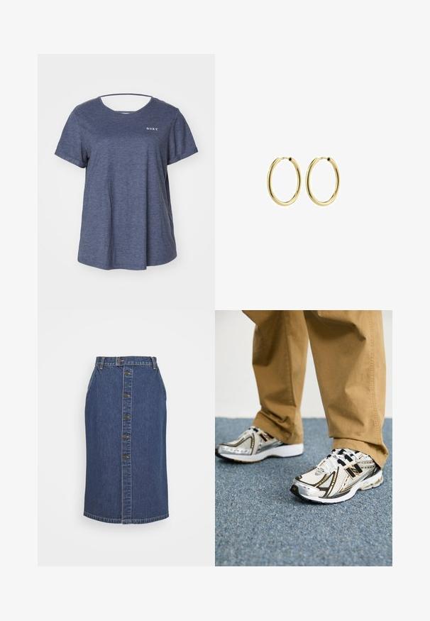 Roxy DREAMING WAVE - Paprasti marškinėliai - mood indigo; Tamsiai mėlyna džinsinė pieštuko sijonas, su priekiniais sagų užsegimais, vertikalių siūlių detalėmis ir klasikine apdaila.; Balti ir sidabriniai New Balance sportbačiai su juodais akcentais ir raišteliais, turintys tinklinę viršutinę dalį, paminkštintą padu ir dinamišką dizainą.; Auksiniai metaliniai kilpiniai auskarai su lygiu paviršiumi, apvalia forma ir saugiu užsegimu. Lygus paviršius be matomų raštų ar akcentų.