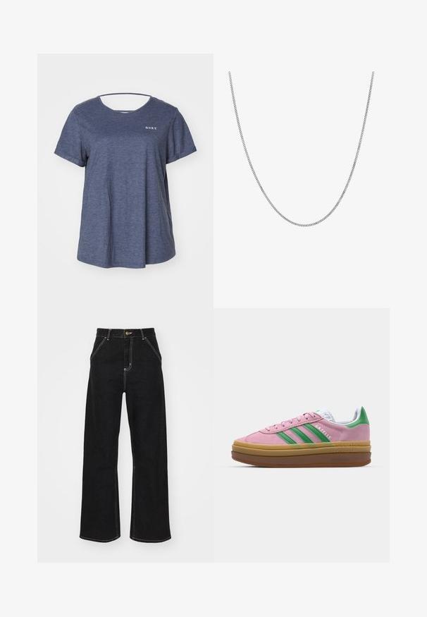 Roxy DREAMING WAVE - Tricou basic - mood indigo; Jeans negri, cu pantaloni evazați, din denim, caracterizându-se prin cusături albe contrastante și închidere cu un nasture în față, având două buzunare frontale înclinate.; Sneakers din suede roz cu dungi verzi, accente albe și o talpă din cauciuc brun. Prezintă un material texturat și detalii cu logo pe lateral.; Colier din argint cu un design cu verigi plate, rotunde și netede. Are un finisaj strălucitor și măsoară aproximativ 50 de centimetri în lungime.