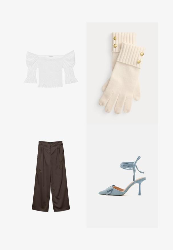 White off-the-shoulder top with puff sleeves, smocked bodice, and flared ruffle hem. Made of textured cotton with eyelet details.; Wide-leg trousers in dark brown fabric with a smooth texture. Features include pleats at the front and a standard waistband.; Pointed-toe high heel shoe in light blue fabric with a textured finish, featuring a bow accent and ankle strap for secure fit.; Cream-colored wool gloves with ribbed cuffs, featuring two decorative gold buttons each at the top of the cuffs. Soft texture with finger openings.