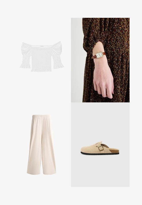 Bílý top bez ramínek s nafoufkovými rukávy, smíšeným korzetem a rozšířeným volánkovým lemem. Vyrobeno z texturované bavlny s detailem očíček.; Světlé široké kalhoty v krémové barvě s elastickým pasem, vyrobené z hladké tkaniny, s uvolněným střihem a bez viditelných kapes nebo ozdob.; Béžové semišové klouzavé dřeváky s korkovou stélkou, zaoblenou špičkou a jednoduchým páskem s kovovou sponou v zlatém tónu. Gumová podrážka pro lepší přilnavost.; Hnědý kožený náramkový hodinky se čtvercovým zlatým pouzdrem, bílým ciferníkem a římskými číslicemi, nošeny na ruce s dlouhým rukávem a vzorovanými šaty.; Zlaté náušnice ve tvaru mušle s jedním bílým perlou. Design mušle má texturované detaily, zatímco perla má hladký povrch.