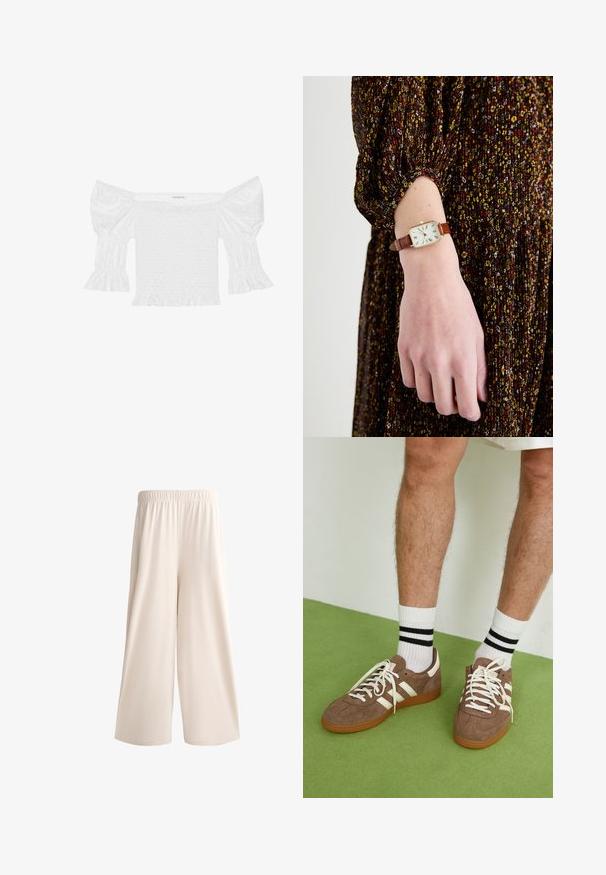 Valkoinen olkaimeton paita puff-hihalla, smockattu vartalo ja levenevä röyhelöhelma. Valmistettu teksturoitua puuvillasta, jossa on rei'itettyjä yksityiskohtia.; Valkoiset, leveälahkeiset housut, joissa on joustava vyötärö, valmistettu sileästä kankaasta, rento istuvuus ilman näkyviä taskuja tai koristeita.; Ruske nahkate sneakerit valkoisilla korostuksilla ja nauhoilla. Kumi-gumipohja. Yhdistetty valkoisiin sukkiin, joissa on mustia raitoja. Vihreä teksturoitu lattia.; Kello, jossa on ruskea nahkainen hihna, neliömäinen kultakehys, valkoinen kellotaulu ja roomalaiset numerot, vietetty kädessä, jolla on kuvioitu pitkähihaista mekkoa.; Kulta kuoren muotoiset korvikset, joissa on yksi valkoinen helmi roikkumassa. Kuoren muotoilussa on teksturoitua yksityiskohtaa, kun taas helmessä on sileä pinta.