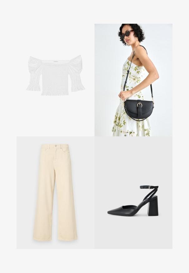 Balta off-the-shoulder palaidinė su pūstomis rankovėmis, surinkta priekyje ir išplatėjančiu volaniniu apvadu. Pagaminta iš tekstūruotos medvilnės su akutėmis.; Bežinės plačios kojos džinsai, pagaminti iš medvilnės. Turintys sagos uždarymą, diržo kilpas ir priekinės kišenes su lygia, švelnia tekstūra.; Juoda odinė smailiagalė aukštakulnio bateliai su kulkšnies dirželiu ir storu kulnu. Lygus paviršius, elegantiškas dizainas ir minimalistiška estetinė. ; Juodas odinis krepšys su išlenkta forma, nuimamu dirželiu ir auksiniais detalėmis. Krepšys turi kilpą su sagtimi.; Auksiniai kabančių auskarai, keturios dalys, lygi apdaila, suapvalinta forma, įvairių dydžių, su pasukamu užsegimu, kad būtų lengva dėvėti.