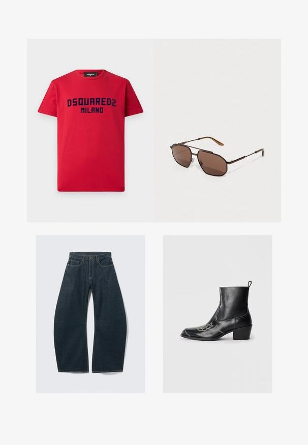 Piros pamut póló rövid ujjakkal, melynek elején tengerészkék "DSQUARED2 MILANO" logó található. Klasszikus kerek nyakú fazon.; Sötétkék, bőszárú farmernadrág, öt zsebbel, látható varrással, gombos záródással és tiszta kivitelezéssel.; Fekete bőr bokacsizma négyzetes orral, díszített varrással és alacsony tömbsarokkal. Húzófüllel a könnyű felvétel érdekében.; Barna nyolcszögletű napszemüveg vékony fekete fém kerettel, barna szárakkal kiemelve. Sötét árnyalatú lencsék UV-védelmet nyújtanak.