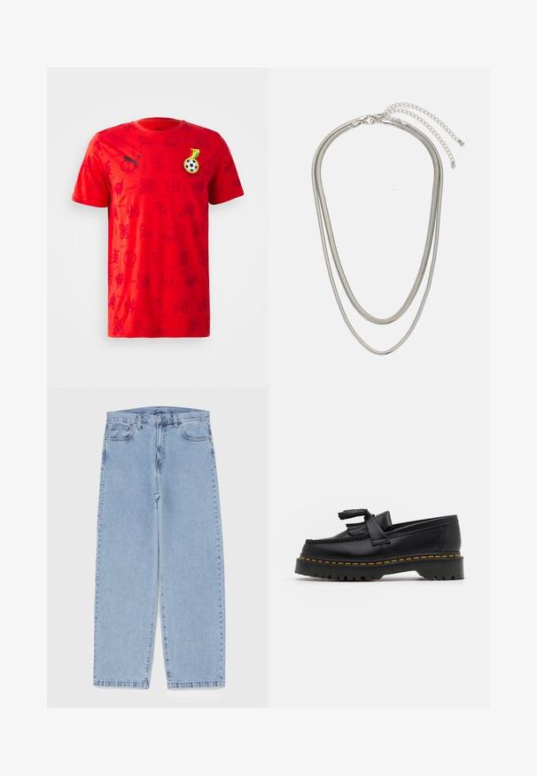Czerwona koszulka z krótkim rękawem z tonalnym wzorem graficznym, czarnym logo Pumy oraz czarno-żółto-zielonym emblematem z motywem piłkarskim.; Jasnoniebieskie dżinsy o prostym kroju nogawki, z średnim stanem, pięcioma kieszeniami oraz zapięciem na guzik i zamek błyskawiczny.; Czarny skórzany mokasyn z frędzelkowymi akcentami, z masywną czarną podeszwą i żółtym przeszyciem wzdłuż krawędzi. Teksturowane wykończenie.; Trójwarstwowy naszyjnik ze srebrnego metalu z eleganckimi, elastycznymi łańcuszkami o delikatnym połysku, zapinany na karabińczyk i regulowany.