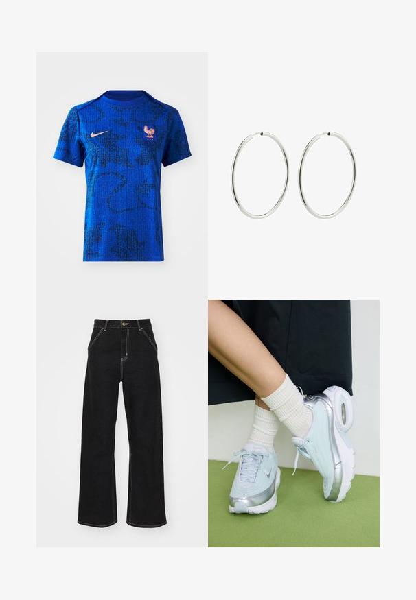 Zils Nike krekls ar teksturētu melnu rakstu, īsām piedurknēm un apaļu kaklu. Iekļauta vistas emblēma un "FFF" details.; Melnas platajās biksēs, kas izgatavotas no denima, ar kontrastējošas baltas šuves un priekšējo pogu aizdari, kā arī divām slīpajām priekšējām kabatām.; Gaiši zili sporta apavi ar sudraba akcentiem, teksturēts augšējais pārklājums, mīksts zole un redzama gaisa vienība. Apvienoti ar baltām ribotām zeķēm.; Sudraba riņķa auskari ar gludu, pulētu apdari. Apaļa forma, vienāda platuma, izstrādāti vieglai aizdarei. Vienkārši un eleganti.