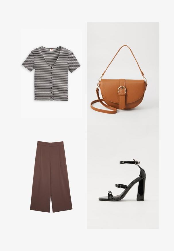 Stribet sort og hvid kortærmet knap-top med V-hals og tekstureret stof. Har flere knapper langs forsiden.; Brune bredbunde bukser med en glat tekstur, der har høj talje og plisseringer foran. Stoffet er let og falder løst.; Sorte patenterede hælsandaler med firkantet tå, ankelremme og sølvspænder. Har en chunky blokHæl for stabilitet.; Brun læder crossbody taske med en buet form, guldfarvet hardware og en spændeaccent. Har en aftagelig skulderrem.