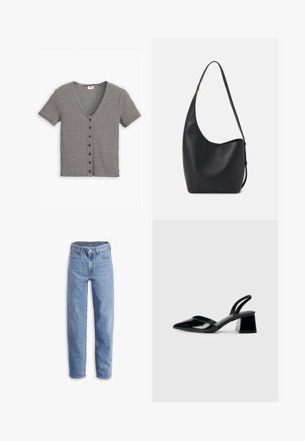 Melnbalts svītrains īsajam piedurknēm poga top ar V veida kaklu un teksturētu audumu. Iekļauj vairākas pogas pa priekšpusi.; Gaiši zili džinsi, izgatavoti no denim, ar brīvu piegriezumu, taisnu kāju, piecu kabatu dizainu un strīpainām apakšmalām, lai radītu ikdienišķu izskatu.; Melna lakota āda ar atvērto papēdi, ar smailu purngalu un ģeometrisku blokpapēdi. Iezīmējas elegants, minimāls dizains un gluda tekstūra.; Melnas ādas hobo soma ar gludu tekstūru, izliekta forma un vienu regulējamu jostu; augšā ir plaša atvere.