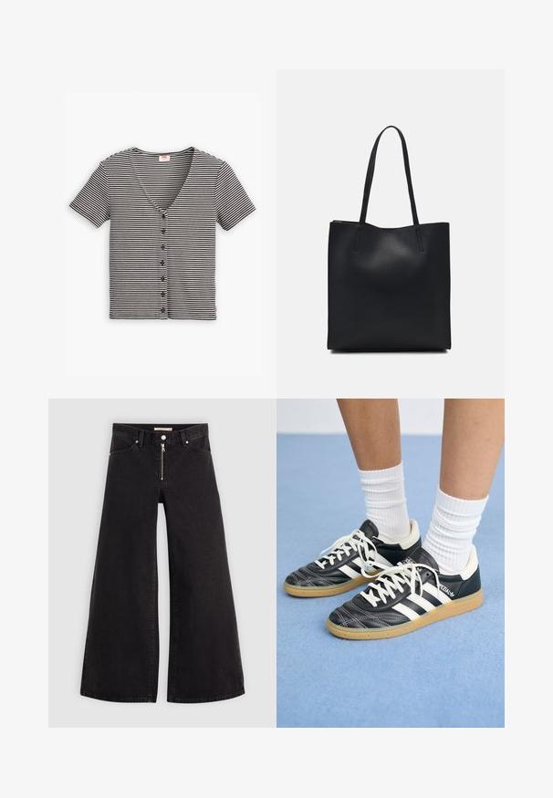 Fekete és fehér csíkos, rövid ujjú gombos felső V-nyakkivágással és texturált anyaggal. Több gomb található az elején.; Fekete denim széles szárú farmer, cipzáros elejével, öt zsebes kialakítással és diszkrét varrással. Sima textúra és laza stílus.; Fekete bőr sportcipők fehér csíkokkal, kerek orral, fehér fűzővel és gumírozott talppal. Párnázott bokarész és márkajelzések emelik ki.; Fekete bőrtáska sima felszínnel, téglalap alakú, két hosszú füllel. Nincs látható fémkiegészítő vagy díszítés.