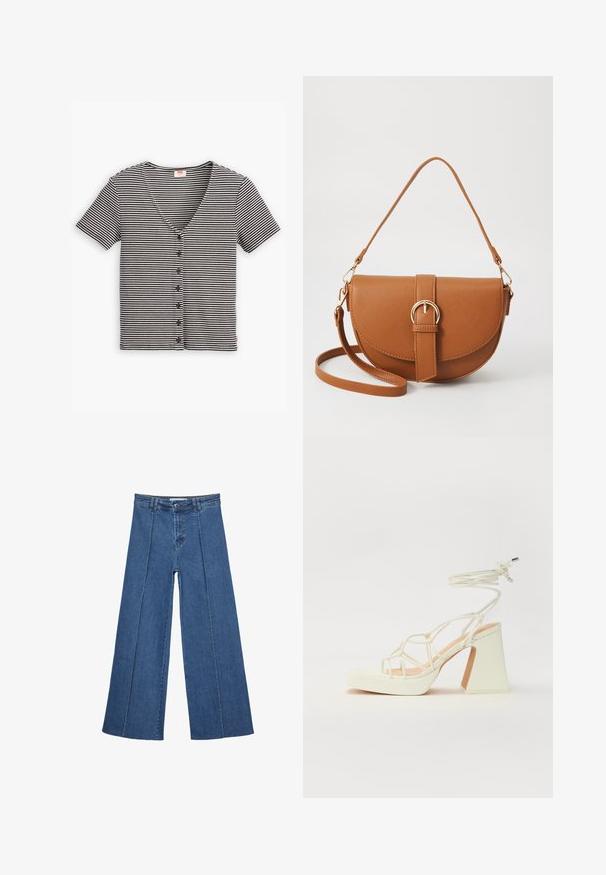 Stribet sort og hvid kortærmet knap-top med V-hals og tekstureret stof. Har flere knapper langs forsiden.; Bredde ben denim jeans i mellemblå, med høj talje, knaplukning og kontrasterende lodrette sømdetaljer foran.; Hvide højhælede sandaler med en kraftig hæl, der har et stropdesign og ankelbinding. Glat tekstur med en platform foran for ekstra højde.; Brun læder crossbody taske med en buet form, guldfarvet hardware og en spændeaccent. Har en aftagelig skulderrem.