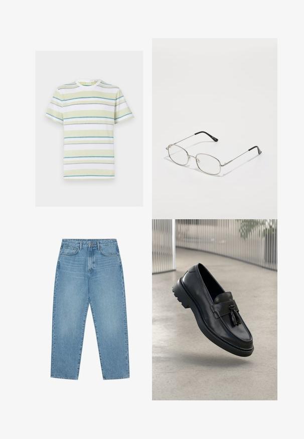 Gestreept t-shirt in lichtgroen, wit en blauw. Ronde hals, korte mouwen, textuurstof met horizontale strepen en een subtiel patroon.; Lichtblauwe denim jeans met een rechte pijp, vijfzakkenontwerp en een licht verweerde look. Voorzien van een knoop- en ritssluiting.; Zwarte leren loafers met een gladde afwerking, decoratieve kwast, dikke rubberen zool en gestikte accenten. Lichtgewicht en strak ontwerp.; Metalen bril met een ovale montuur, zilveren randen en heldere glazen. Slanke, rechte pootjes met zwarte uiteinden, minimalistisch ontwerp.