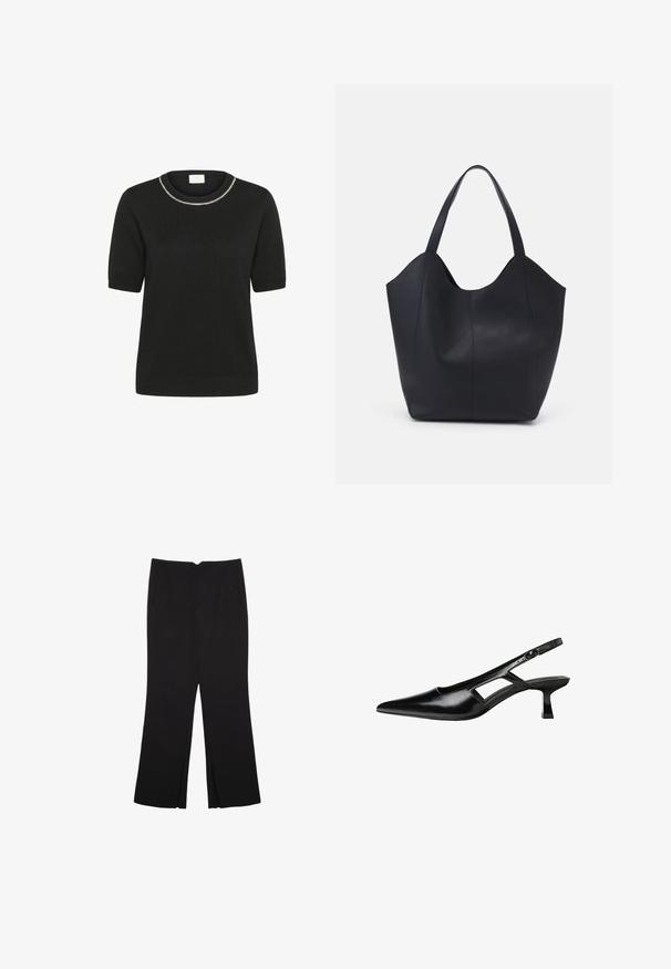 Kaffe T-shirts print - black deep; Sorte bukser med lige pasform, der har frontlommer og slidser i kanten. Lavet af blødt, glat stof. Velegnet til forskellige anledninger.; Sorte patentlæder slingback hæle med spids tå, udskåret sideskærm og en lille firkantet hæl. Glat tekstur med minimale detaljer.; Sort tote taske lavet af glat læder, med en buet, åben top, to skulderstropper og et minimalistisk design.