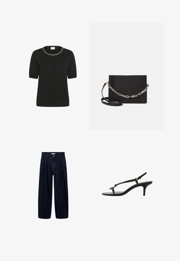 Kaffe Majica kratkih rukava s printom - black deep; Tamno plave široke hlače s plisama na struku, s prednji gumbom i petljama za remen. Glatka tekstura i dizajn punih dužina.; Crne kožne sandale s kitten heel potpeticama, tankim trakama, zlatnom kopčom i minimalističkom petom za prste, na bijeloj pozadini.; Crna kožna torba preko tijela s glatkom teksturom, pravokutnim oblikom i metalnim lancem na prednjoj strani. Uključena je podesiva naramenica.