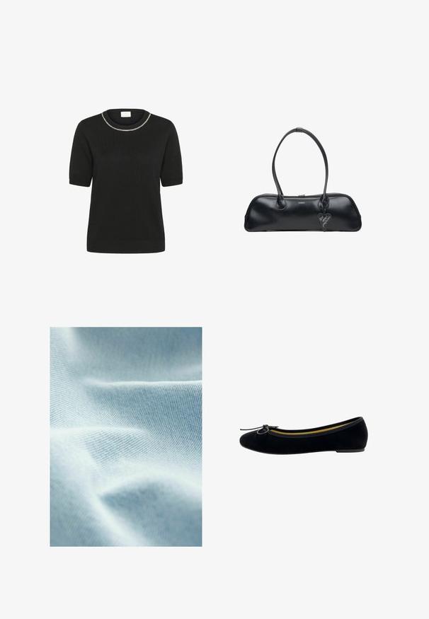 Kaffe T-shirt print - black deep; Lichtblauwe stof met een gladde textuur en fijne diagonale weving, met zachte plooien en subtiele variaties in tint.; Zwarte fluwelen balletschoenen met een ronde neus, een klein strikje aan de voorkant en een contrasterende gele binnenvoering.; Zwarte leren handtas met twee handvatten, ovale vorm, zachte textuur, subtiele branding en een hartvormig label eraan bevestigd.