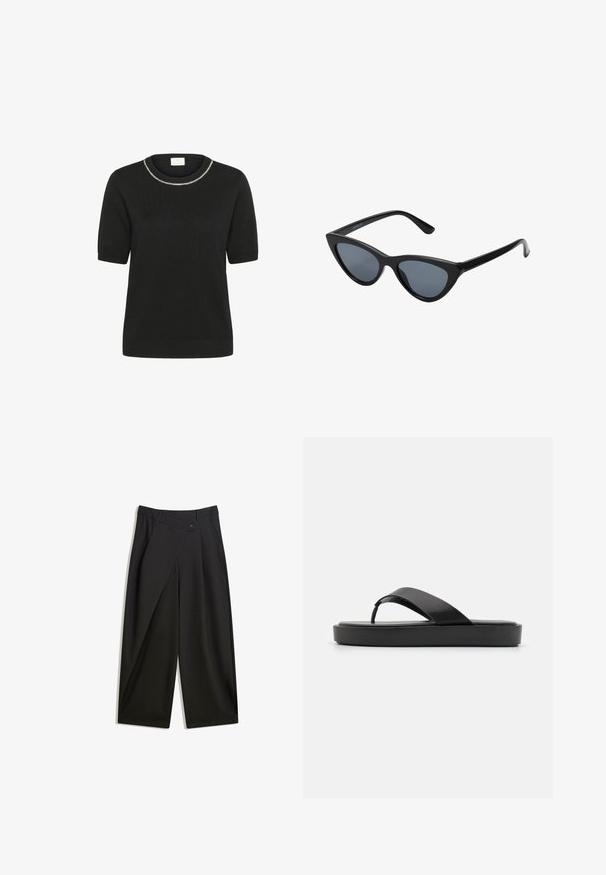 Kaffe Majica kratkih rukava s printom - black deep; Crne široke hlače od glatkog materijala. Imaju prednji plis, zatvaranje na dugme i krojeni pojas za uski fit.; Crne japanke s glatkom gornjom trakom i teksturiranim potplatima. Minimalistički dizajn s niskim profilom.; Crne mačke naočale sa tamnosivim lećama, elegantan plastični okvir, šiljati uglovi i ravne drške. Bez vidljivih metalnih dijelova ili detalja.; Prirodna tkana torba od trske s teksturiranom površinom, velikim otvorenim vrhom, zakrivljenim oblikom i tamnom kožnom naramenicom. Ima crni akcent na dnu.