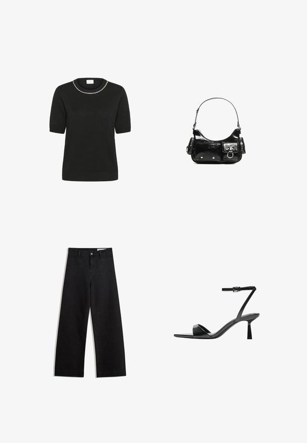 Kaffe Print T-shirt - black deep; Black wide-leg denim pants with a high waist, featuring front and back pockets, stitched seams, and a button closure. Smooth texture.; Bershka High heeled sandals - black; Black patent leather handbag with a curved shape, one shoulder strap, front pockets, and silver-tone hardware accents.