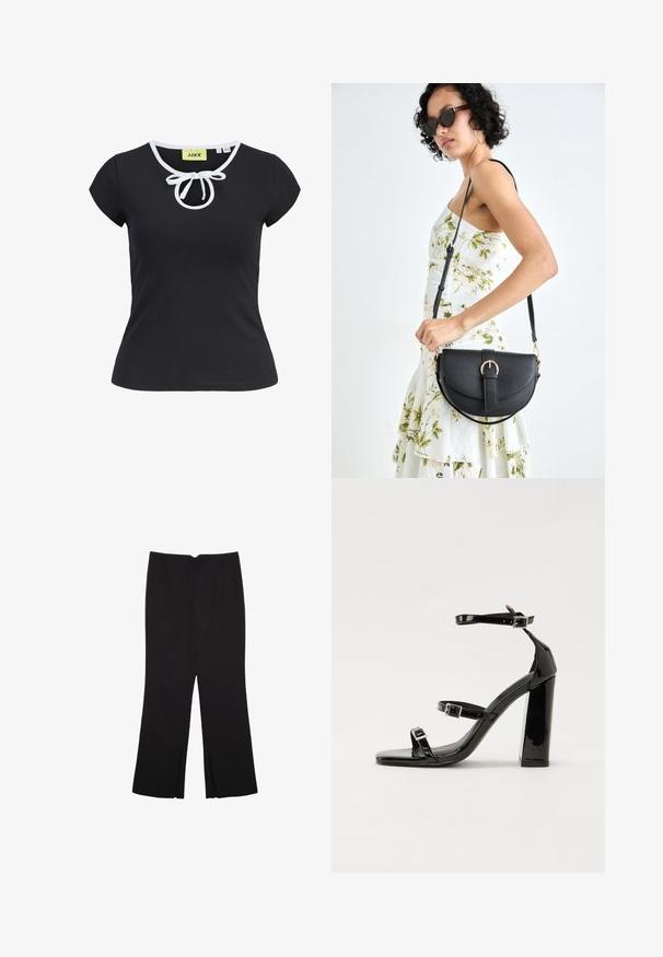 Črna kratka majica s kratkimi rokavi iz mehkega materiala z okroglo ovratnico, belim robom in osrednjim detajlom v obliki metuljčka na vratu. Velikost S.; Črne hlače ravnega kroja z naglavnimi žepi in stranskimi razporki na robu. Narejene iz mehke, gladke tkanine. Primerne za različne priložnosti.; Črne lakirane sandale s peto, kvadratnim prstom, trakovi okrog gležnja in srebrnimi zaponkami. Opremljene so s stabilno Debelo peto.; Črna usnjena torbica s ukrivljeno obliko, z odstranljivo naramnico in zlatimi dodatki. Torbica ima pokrov s podrobnostmi v obliki zaponke.