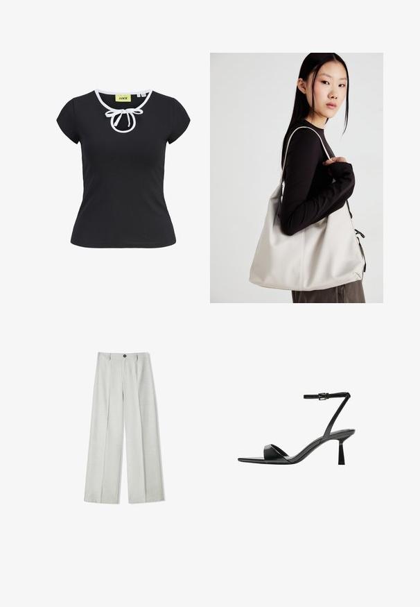 Fekete, rövid ujjú póló puha anyagból, kerek nyakkivágással, fehér díszítéssel és középen elhelyezett masnival a nyaknál. Kis méret.; Világosszürke, bő szabású nadrág textúrált anyagból, gombos záródással és két pliszszel elöl az extra részletesség érdekében.; Bershka Magas sarkú szandálok - black; Puha anyagból készült bézs kézitáska, laza dizájnnal, varrott részletekkel és két vállpánttal. Mindennapi használatra alkalmas.