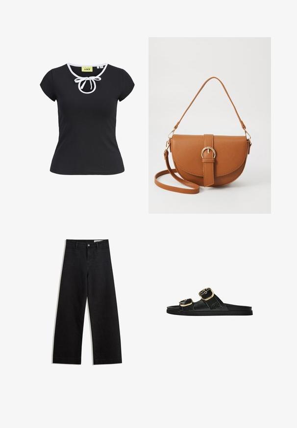 Svart kortärmad T-shirt i mjukt tyg med rund halsringning, vit kant och med en central rosettdetalj vid halsen. Storlek small.; Svarta vida denimbyxor med hög midja, med fram- och bakfickor, sydda sömmar och knappstängning. Slät textur.; Svart glidsandal med två guldfärgad spännen, slät textur av material, platt sula och en minimalistisk design.; Brun läder crossbody-väska med en böjd form, gyllene detaljer och en spänneaccent. Har en avtagbar axelrem.