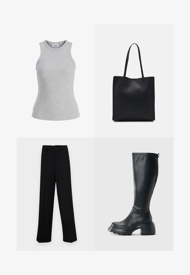 Sivý rebrovaný top bez rukávov s okrúhlym výstrihom a priliehavým strihom. Má štítok značky JJXX.; Čierne široké nohavice vyrobené z hladkej látky, s klasickým pásom a zapínaním na gombík, a prednými skladmi.; Vysoká čierna kožená čižma s masívnou platformou a blokovým podpätkom, s praktickým pútkom a textúrovaným vzorom na podošve.; Čierna kožená taška na rameno s hladkým povrchom, obdĺžnikovým tvarom a dvoma dlhými uchami. Bez viditeľného kovania alebo ozdôb.
