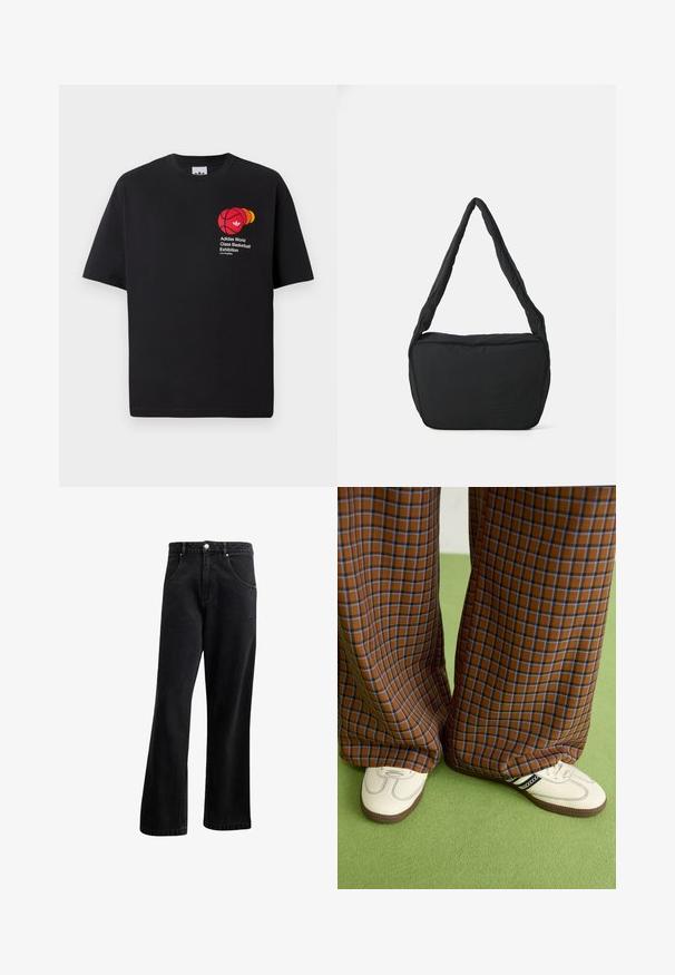 Juodas medvilninis marškinėlis su apvalia iškirpte, trumpomis rankovėmis, su raudona krepšinio grafika ir tekstu "Adidas pasaulinės klasės krepšinio paroda."; Juodi džinsai su tiesiu siluetu, turintys priekinius kišenes, mygtukų užtrauktuką ir šiek tiek tekstūros. Įtraukta subtili logotipo detalė.; Rudos ir mėlynos langelinės plačios kelnės, derinamos su baltais batais su juodais akcentais ir tekstūruotais padais, prieš žalią foną.; Juodas pečių krepšys su paminkštinta tekstūra, apvalia forma ir plačia juostele, su iškilminiu logotipu priekyje.